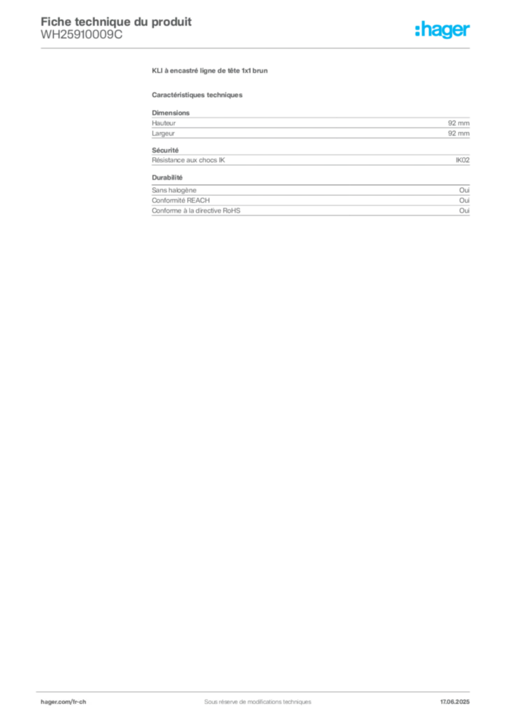 Image Hager Fiche technique du produit WH25910009C | Hager Suisse