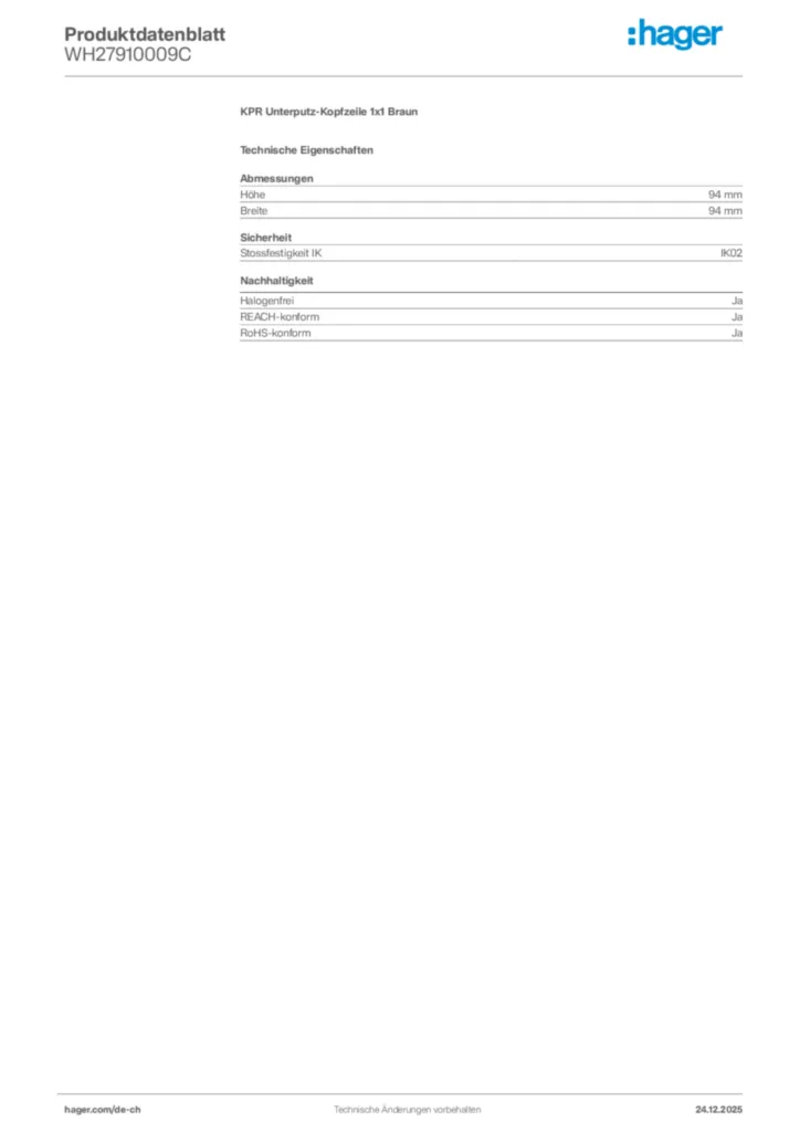 Bild Hager Produktdatenblatt WH27910009C | Hager Schweiz