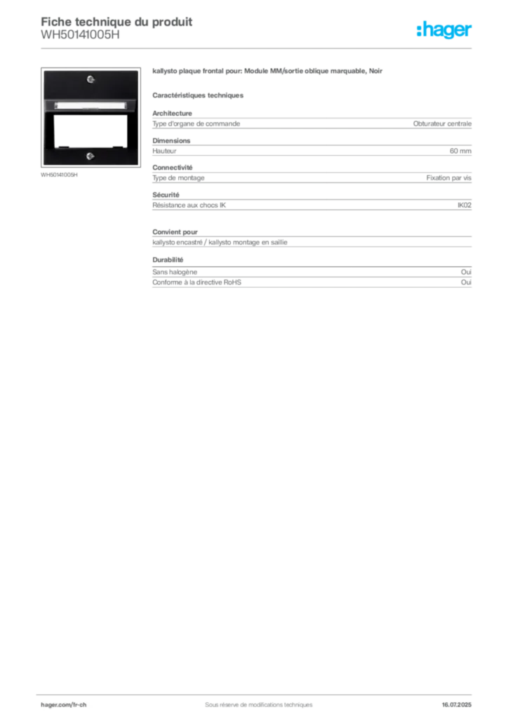 Image Hager Fiche technique du produit WH50141005H | Hager Suisse