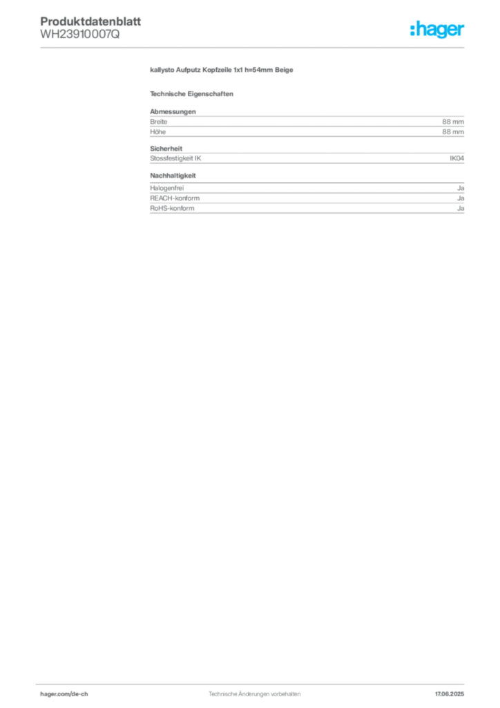 Bild Hager Produktdatenblatt WH23910007Q | Hager Schweiz