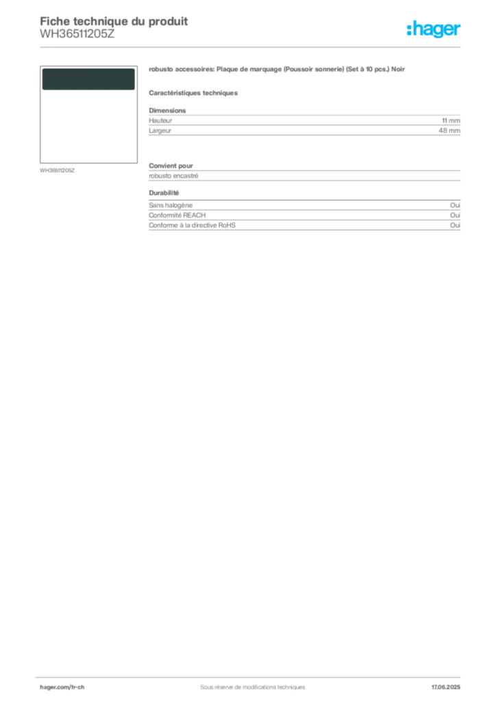 Image Hager Fiche technique du produit WH36511205Z | Hager Suisse