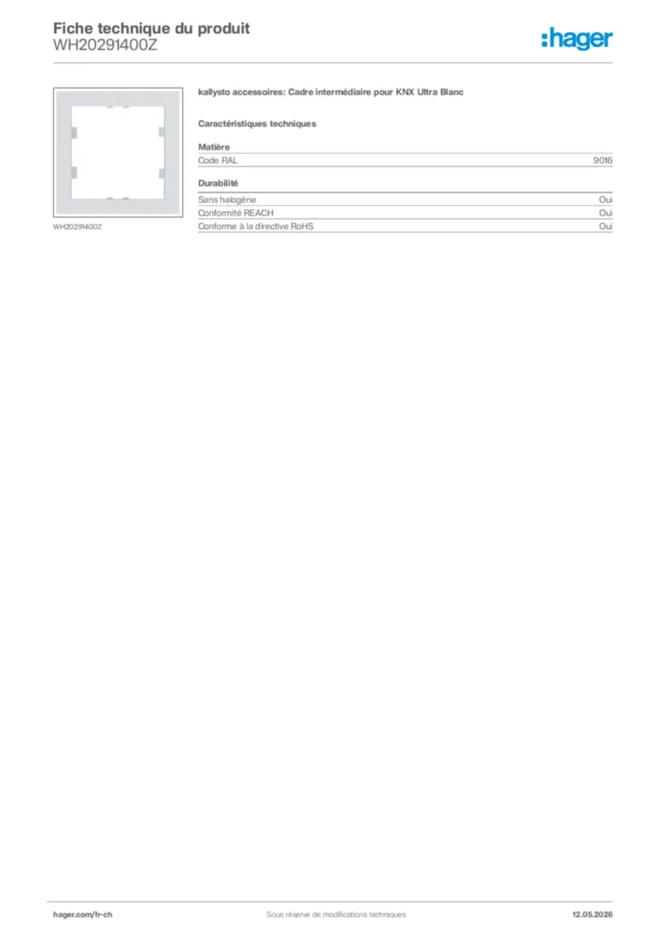 Image Hager Fiche technique du produit WH20291400Z | Hager Suisse