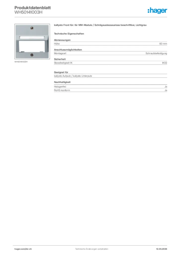 Bild Hager Produktdatenblatt WH50141003H | Hager Schweiz