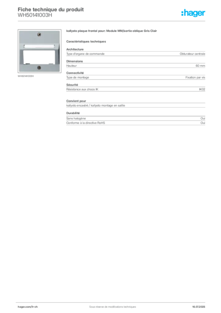 Image Hager Fiche technique du produit WH50141003H | Hager Suisse