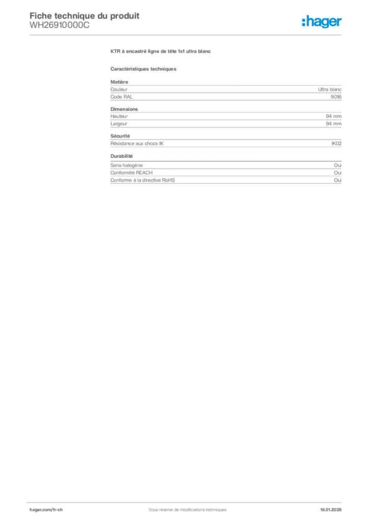 Image Hager Fiche technique du produit WH26910000C | Hager Suisse