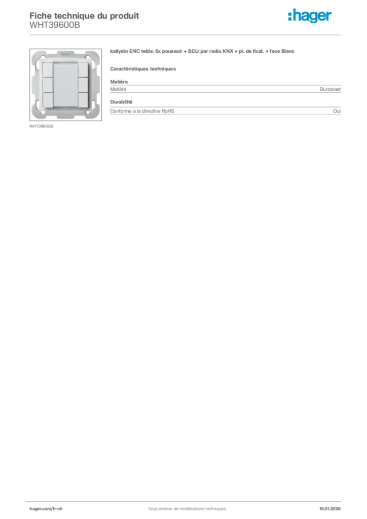 Image Hager Fiche technique du produit WHT39600B | Hager Suisse