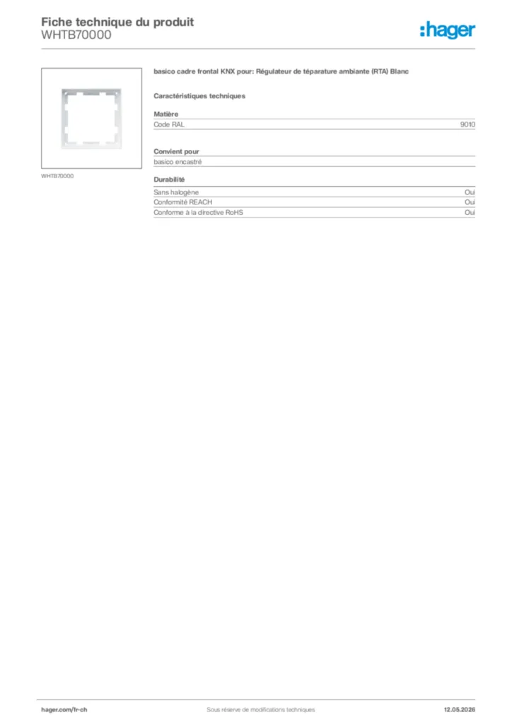 Image Hager Fiche technique du produit WHTB70000 | Hager Suisse