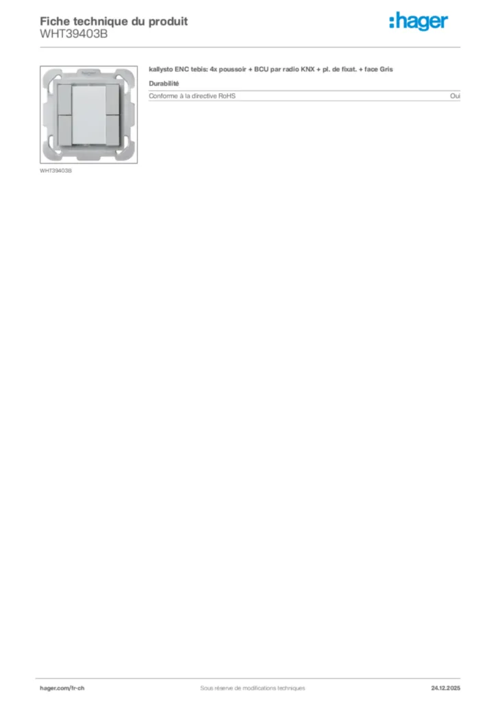 Image Hager Fiche technique du produit WHT39403B | Hager Suisse