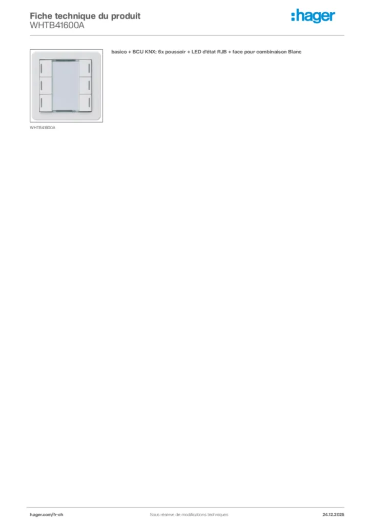 Image Hager Fiche technique du produit WHTB41600A | Hager Suisse