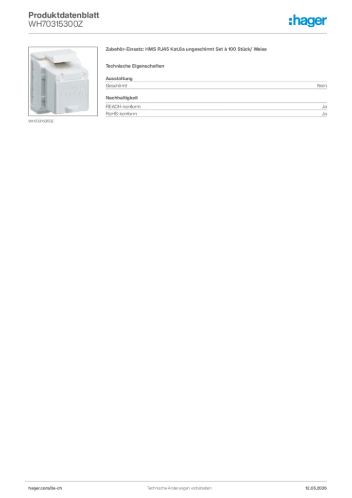 Bild Hager Produktdatenblatt WH70315300Z | Hager Schweiz