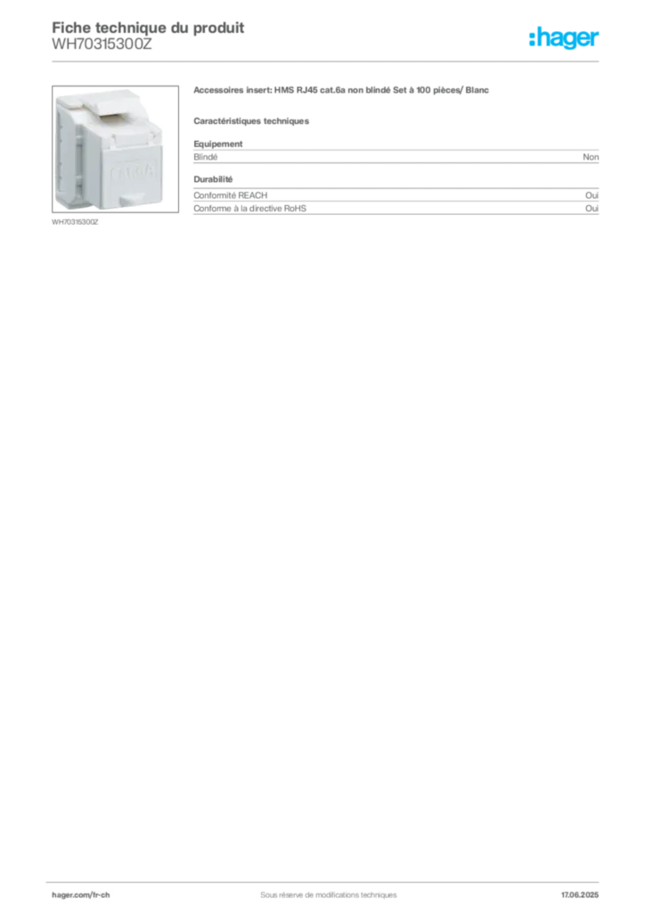 Image Hager Fiche technique du produit WH70315300Z | Hager Suisse