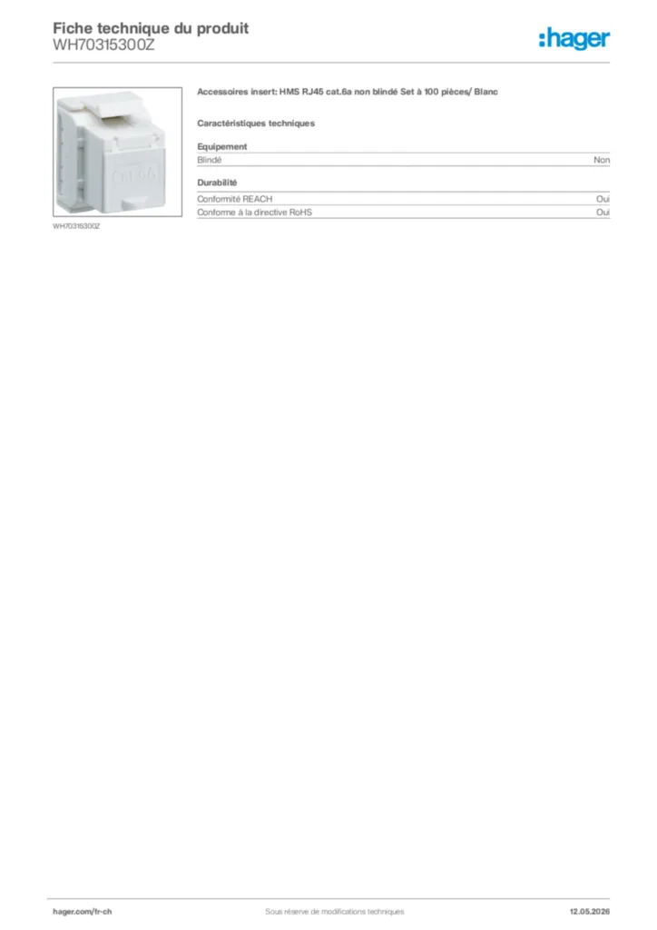 Image Hager Fiche technique du produit WH70315300Z | Hager Suisse