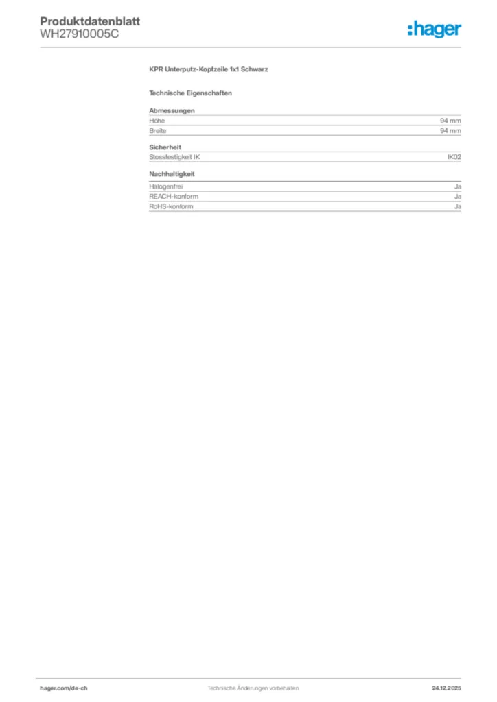 Bild Hager Produktdatenblatt WH27910005C | Hager Schweiz