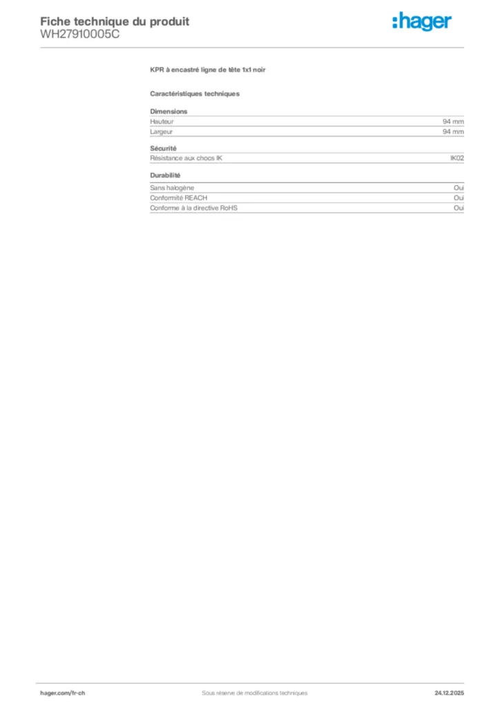 Image Hager Fiche technique du produit WH27910005C | Hager Suisse