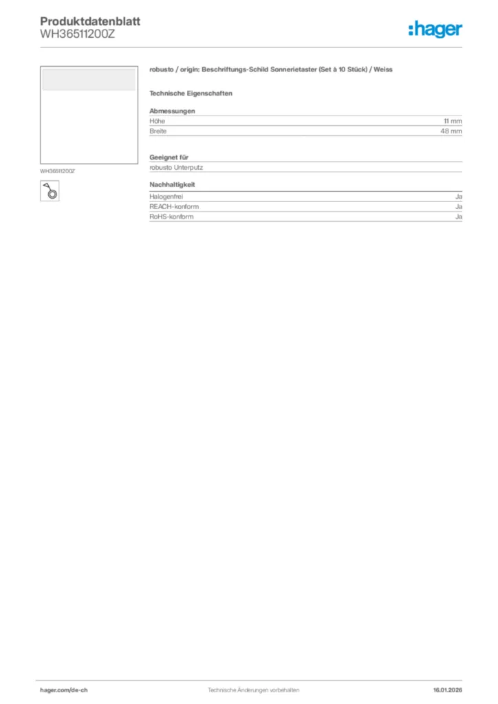 Bild Hager Produktdatenblatt WH36511200Z | Hager Schweiz