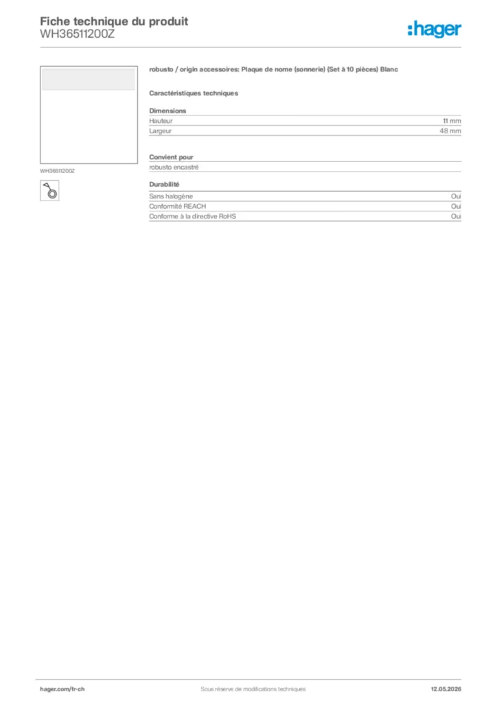 Image Hager Fiche technique du produit WH36511200Z | Hager Suisse