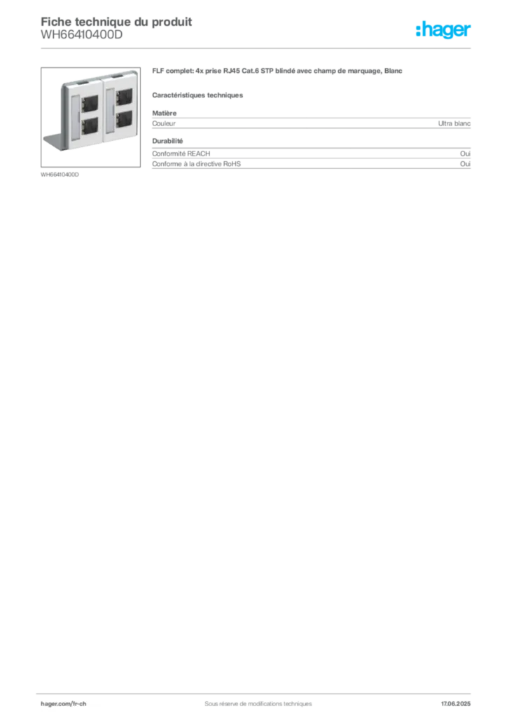 Image Hager Fiche technique du produit WH66410400D | Hager Suisse