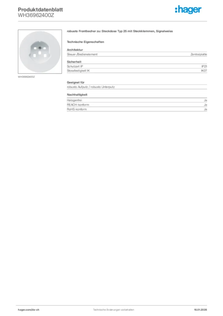 Bild Hager Produktdatenblatt WH36962400Z | Hager Schweiz