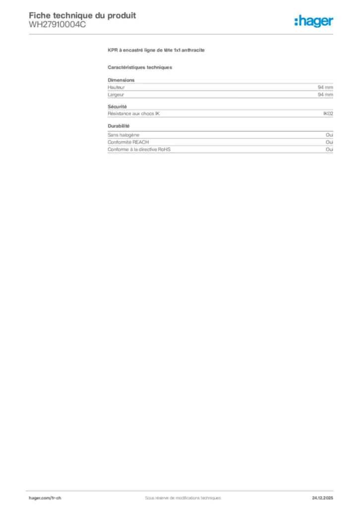 Image Hager Fiche technique du produit WH27910004C | Hager Suisse
