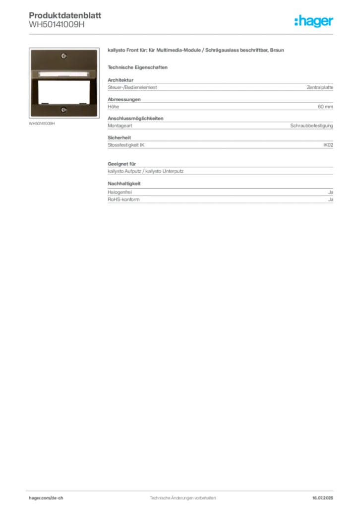 Bild Hager Produktdatenblatt WH50141009H | Hager Schweiz