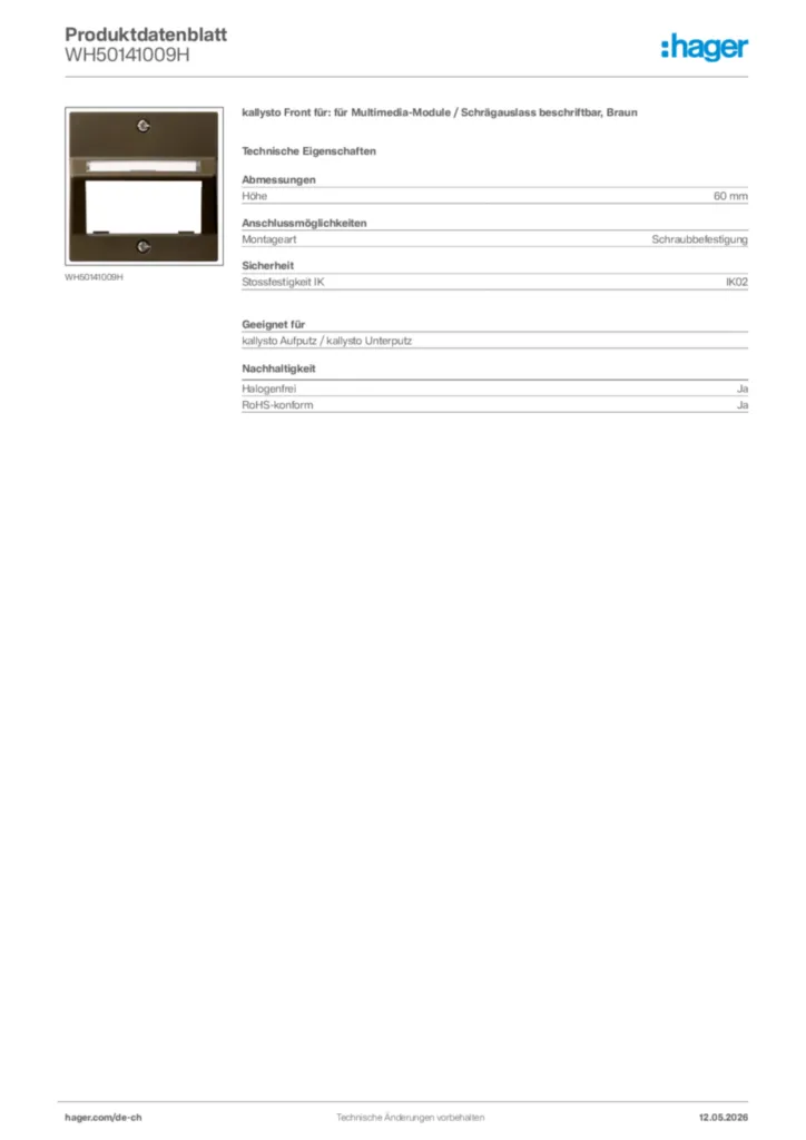 Bild Hager Produktdatenblatt WH50141009H | Hager Schweiz