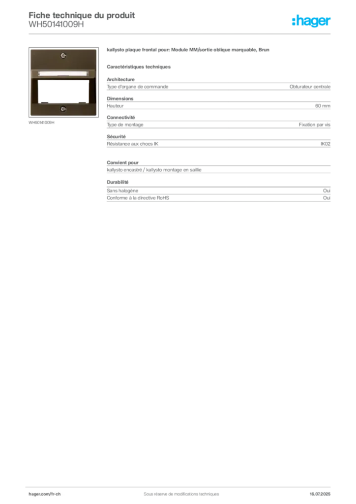 Image Hager Fiche technique du produit WH50141009H | Hager Suisse