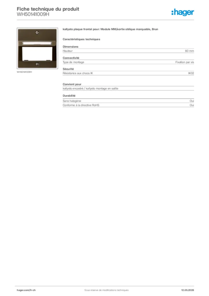 Image Hager Fiche technique du produit WH50141009H | Hager Suisse