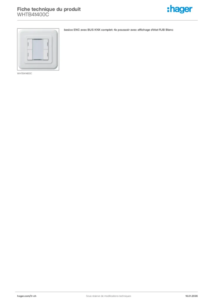 Image Hager Fiche technique du produit WHTB41400C | Hager Suisse