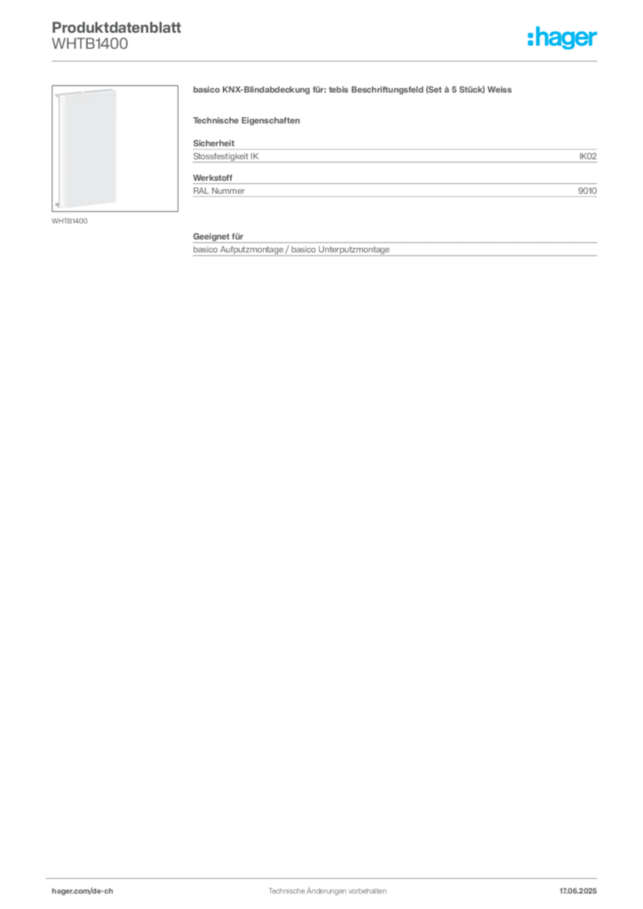 Bild Hager Produktdatenblatt WHTB1400 | Hager Schweiz