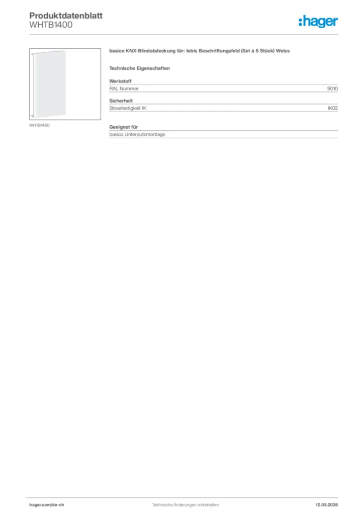 Bild Hager Produktdatenblatt WHTB1400 | Hager Schweiz