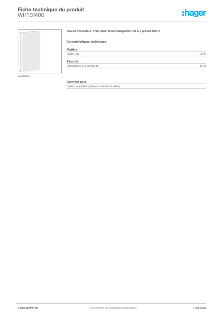 Image Hager Fiche technique du produit WHTB1400 | Hager Suisse
