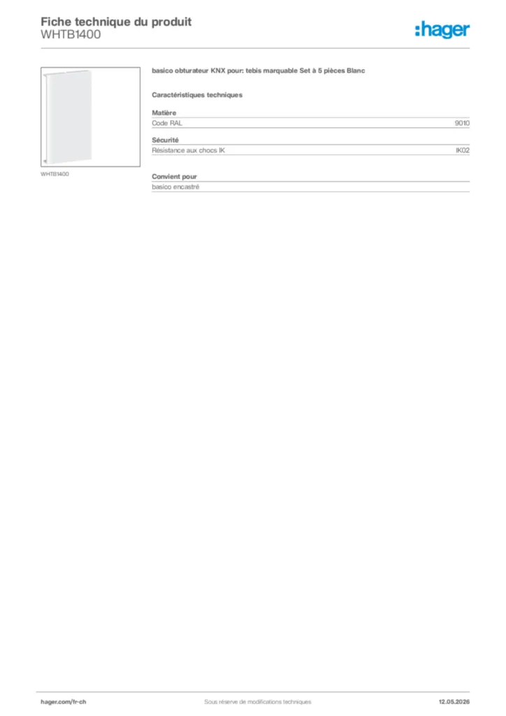 Image Hager Fiche technique du produit WHTB1400 | Hager Suisse
