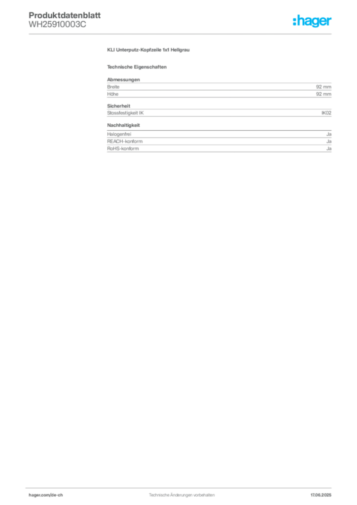 Bild Hager Produktdatenblatt WH25910003C | Hager Schweiz