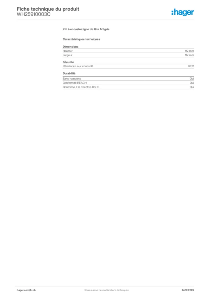 Image Hager Fiche technique du produit WH25910003C | Hager Suisse