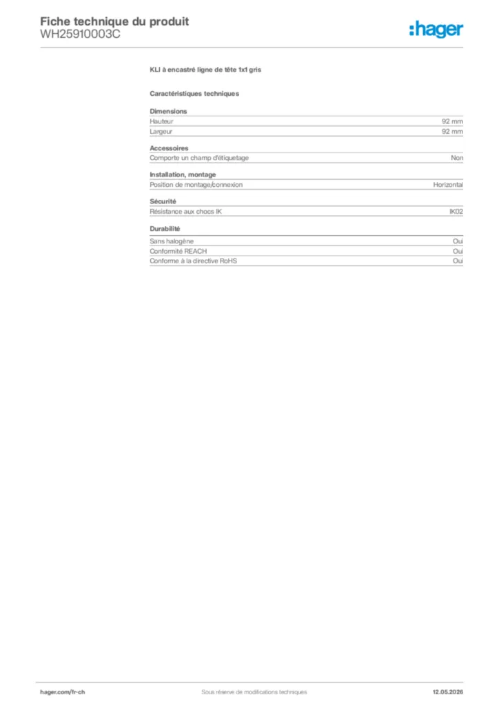 Image Hager Fiche technique du produit WH25910003C | Hager Suisse