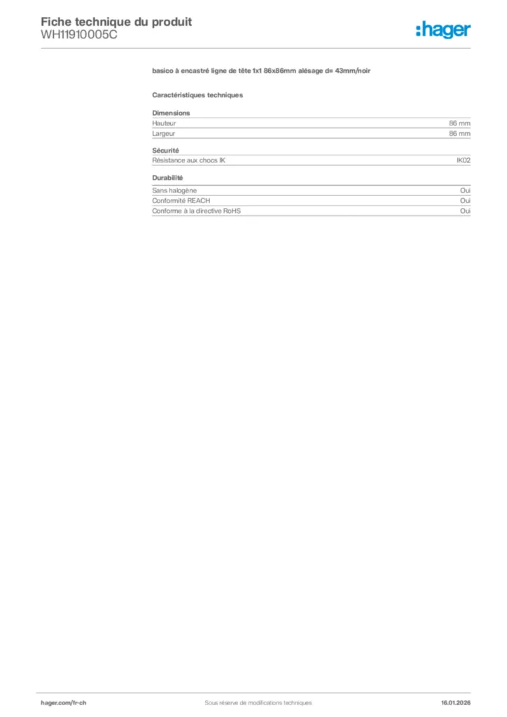 Image Hager Fiche technique du produit WH11910005C | Hager Suisse