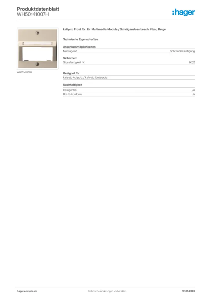 Bild Hager Produktdatenblatt WH50141007H | Hager Schweiz