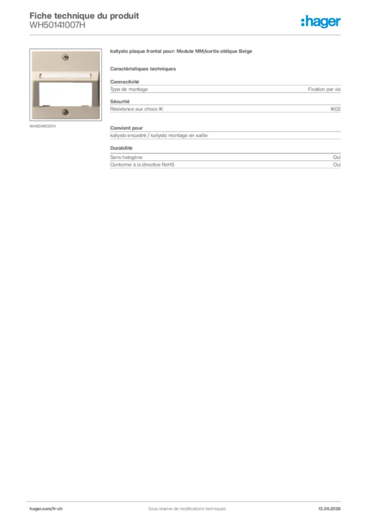 Image Hager Fiche technique du produit WH50141007H | Hager Suisse