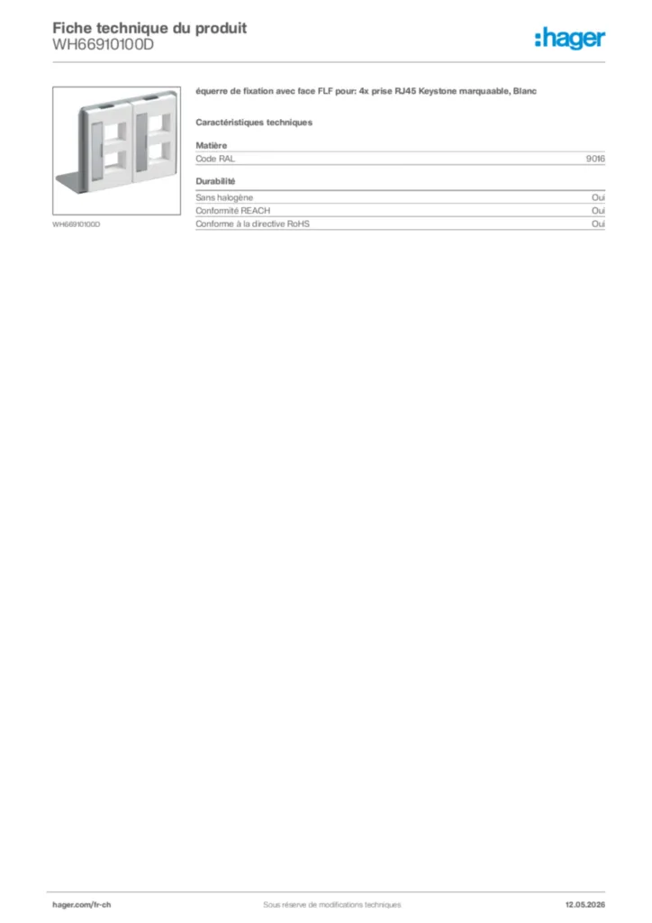 Image Hager Fiche technique du produit WH66910100D | Hager Suisse