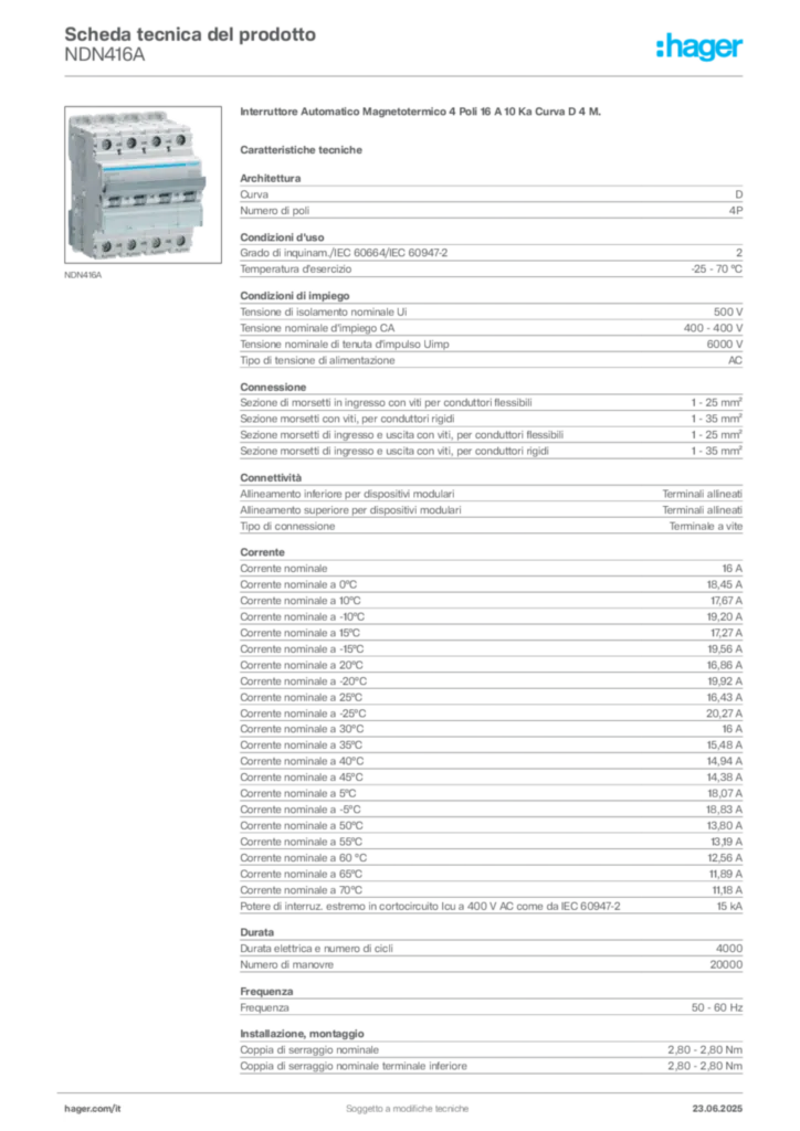Immagine Hager Scheda tecnica del prodotto NDN416A | Hager Italia