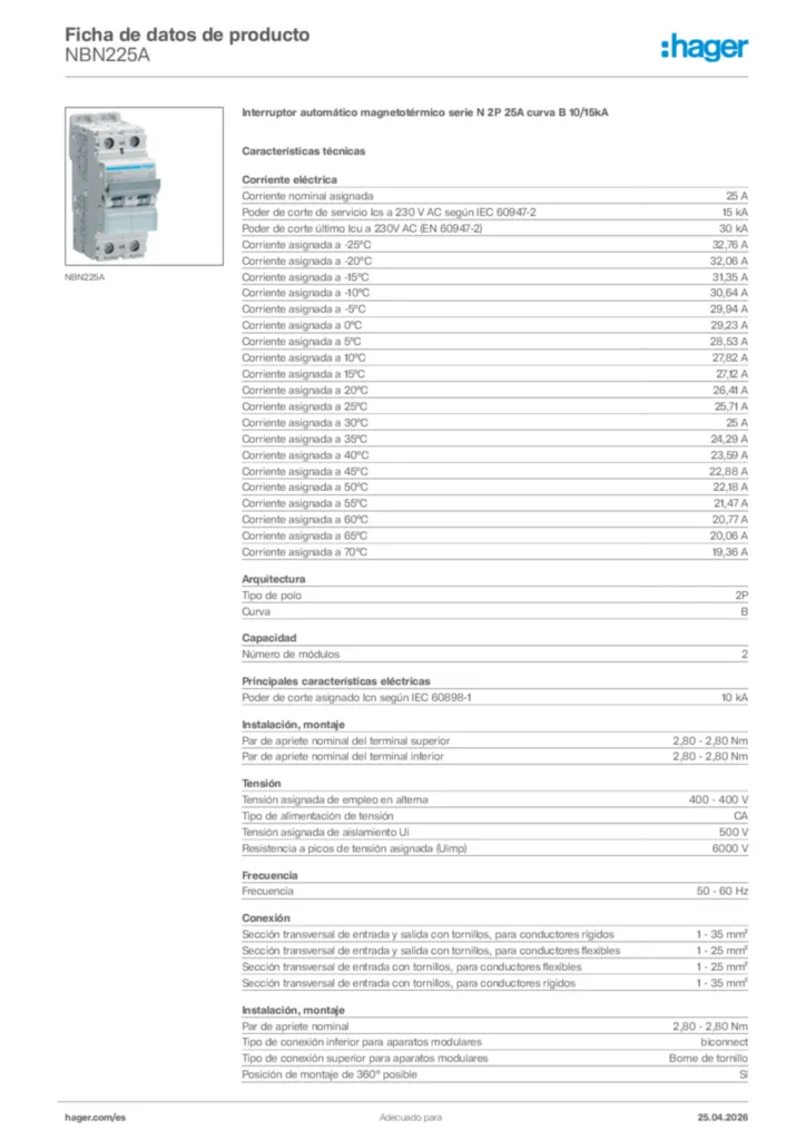 Imagen Hager Ficha de datos de producto NBN225A | Hager España
