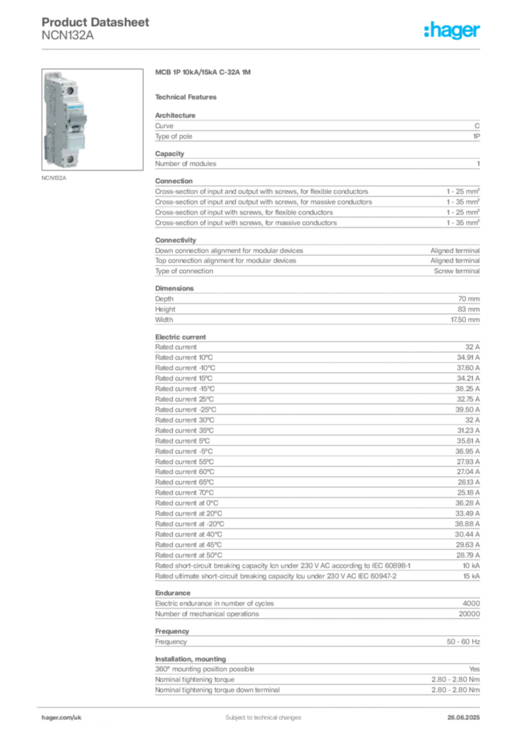 Image Hager Product data sheet NCN132A  | Hager