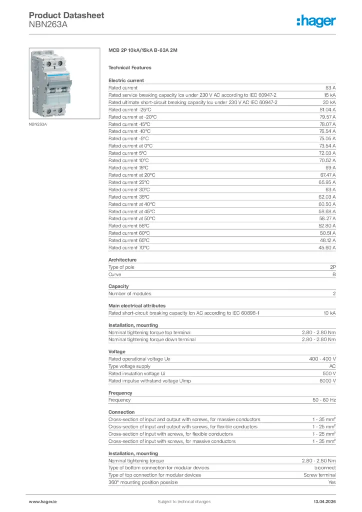 Image Hager Product data sheet NBN263A  | Hager