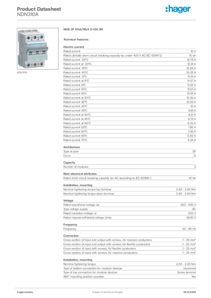 Image Hager Product data sheet NDN310A  | Hager Australia