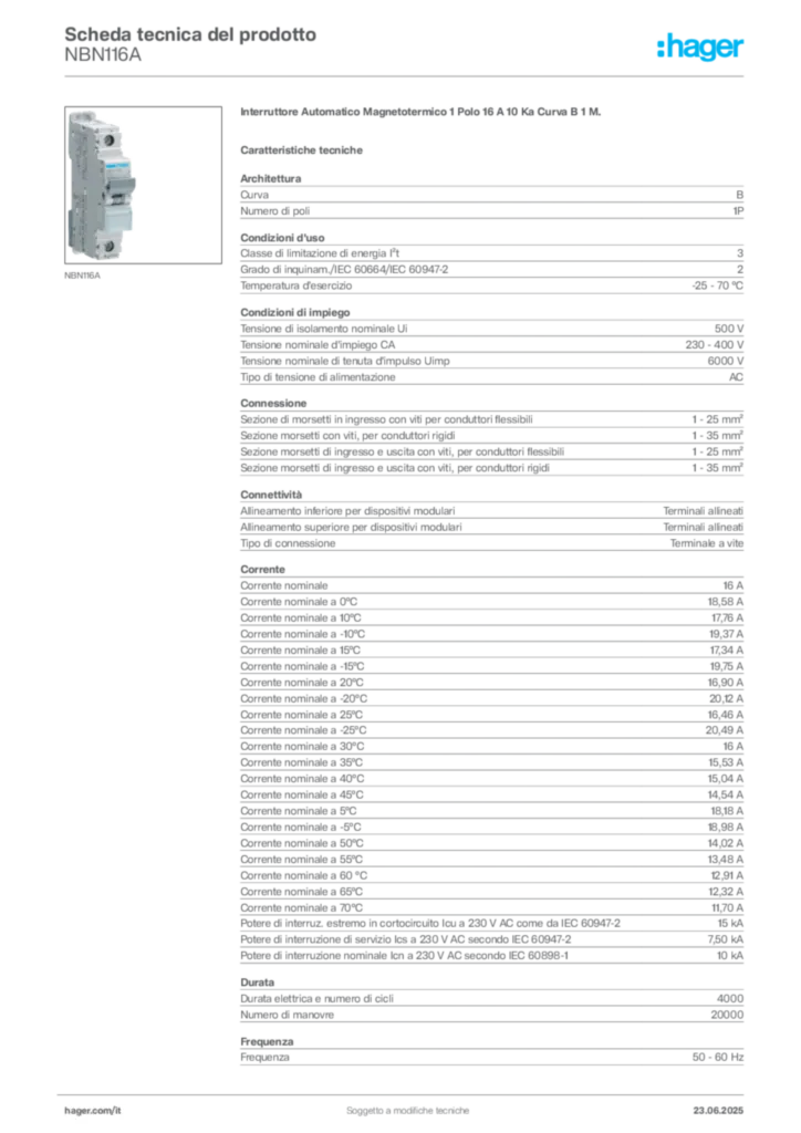 Immagine Hager Scheda tecnica del prodotto NBN116A | Hager Italia