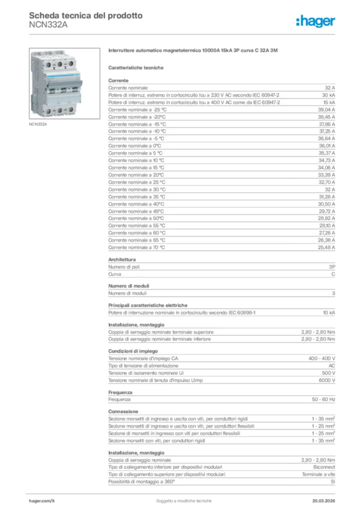 Immagine Hager Scheda tecnica del prodotto NCN332A | Hager Italia