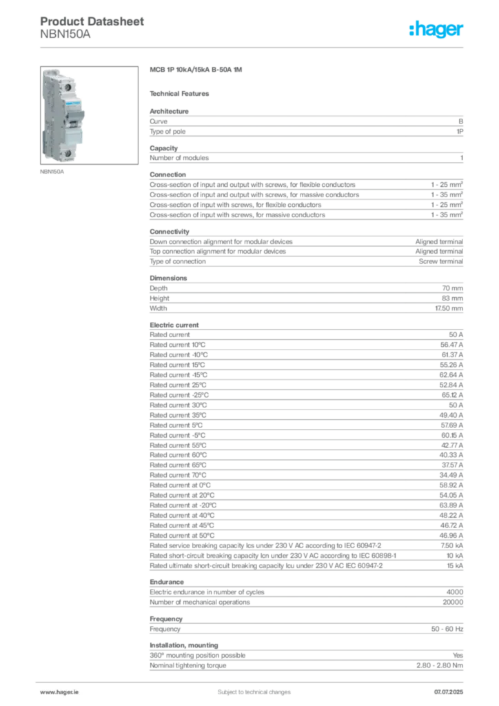 Image Hager Product data sheet NBN150A  | Hager