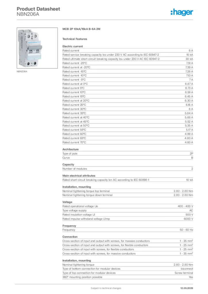 Image Hager Product data sheet NBN206A  | Hager Africa