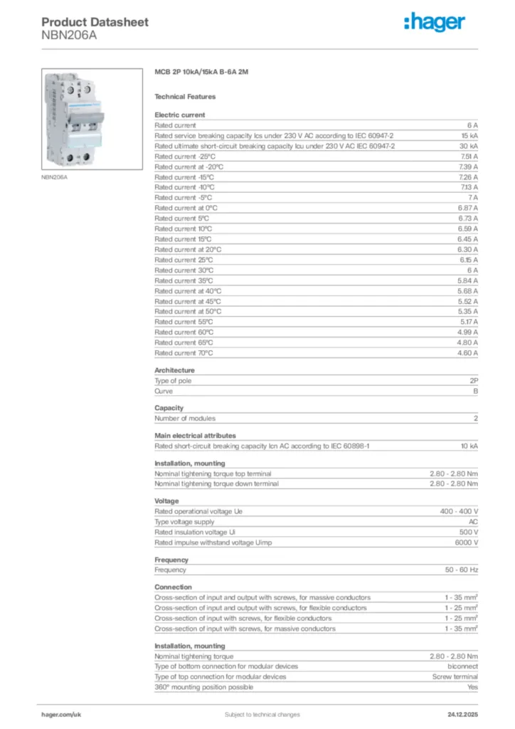Image Hager Product data sheet NBN206A  | Hager