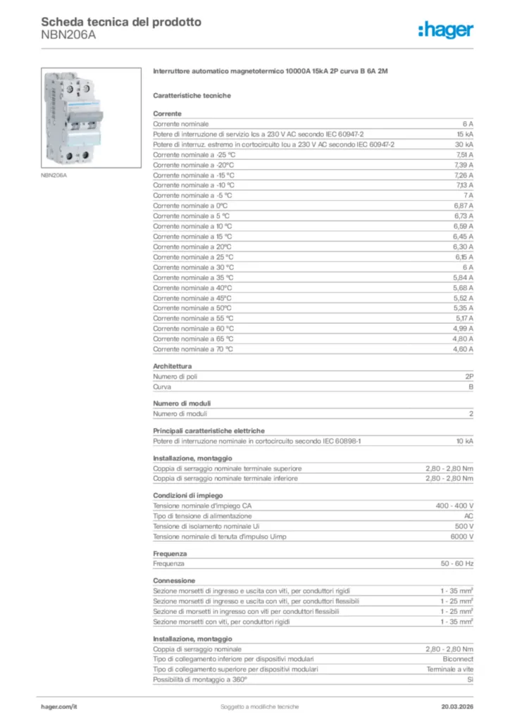 Immagine Hager Scheda tecnica del prodotto NBN206A | Hager Italia